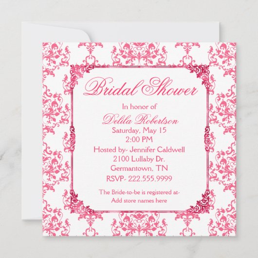  Roze Damask Bridal Shower Invitation Kaart (Voorkant)