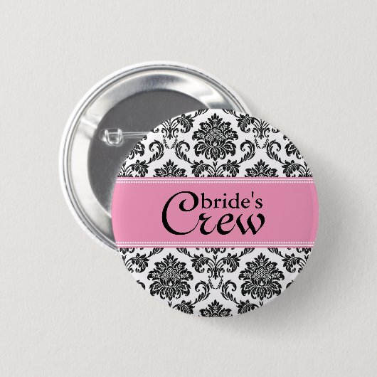 Roze Damask Bride's Crew Button (Voorkant /achterkant)