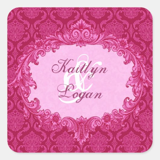 Roze Damask Bruiloft C435 Vierkante Sticker (Voorkant)