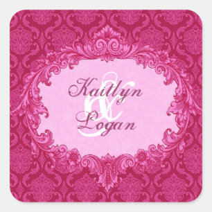 Roze Damask Bruiloft C435 Vierkante Sticker