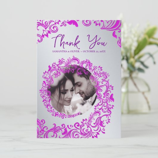 Roze Damask bruiloft Dank u fotokaart Bedankkaart (Staand voorkant)