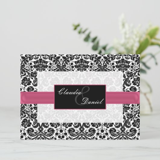 roze damask bruiloft kaart (Staand voorkant)