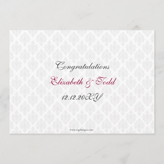 Roze Damask bruiloft menu (Achterkant)