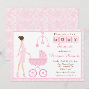 Roze Damask Brunette Verwacht meisje Baby shower Kaart