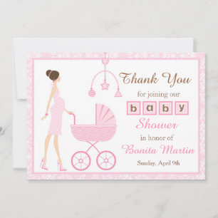 Roze Damask Brunette Woman Baby shower Bedankkaart
