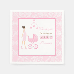 Roze Damask Brunette Woman Baby shower Servet