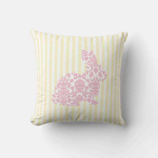 Roze Damask Bunny Rabbit op Yellow Stripes Kussen (Voorkant)