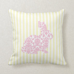Roze Damask Bunny Rabbit op Yellow Stripes Kussen