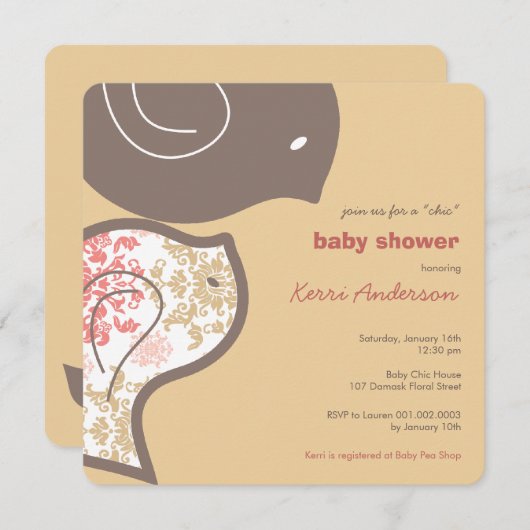 Roze Damask Chicks Baby shower Party Invitation Kaart (Voorkant / Achterkant)