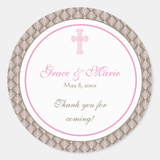 Roze Damask Cross Address Label/Favor Sticker (Voorkant)