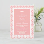 Roze Damask Cross Baptisme of Christening Kaart (Staand voorkant)