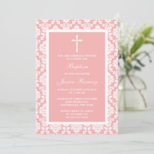 Roze Damask Cross Baptisme of Christening Kaart (Staand voorkant)