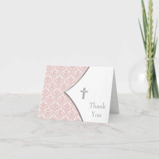 Roze Damask Cross Dank u kaarten (Voorkant)