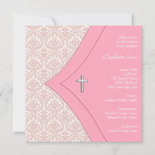 Roze Damask Cross Girl Baptism Christening Kaart