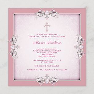 Roze Damask Cross Girls Roze Eerste Communie Kaart