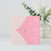 Roze Damask Cross Meisje Doop Doop Doop Kaart (Staand voorkant)