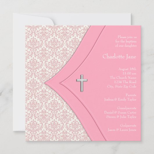Roze Damask Cross Meisje Doop Doop Doop Kaart (Voorkant)