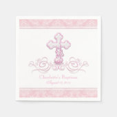 Roze Damask Cross Meisjes Doop Communie Servetten (Voorkant)