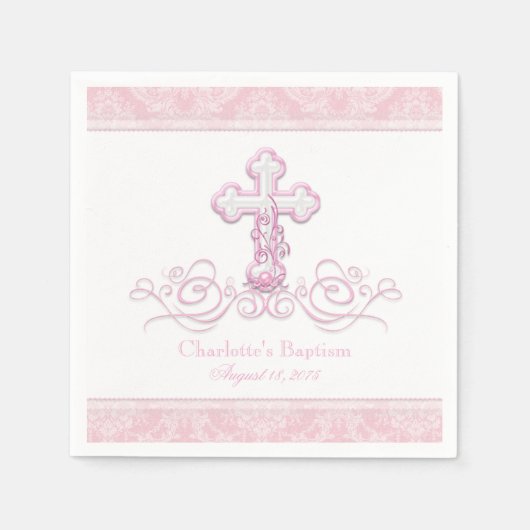Roze Damask Cross Meisjes Doop Communie Servetten (Voorkant)