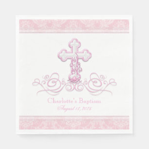 Roze Damask Cross Meisjes Doop Communie Servetten