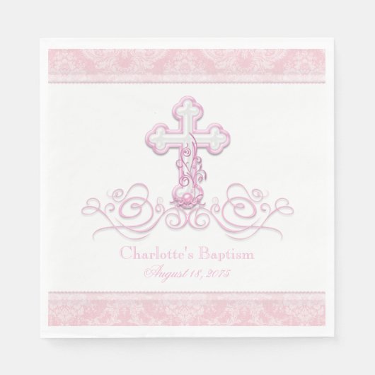 Roze Damask Cross Meisjes Doop Communie Servetten (Voorkant)