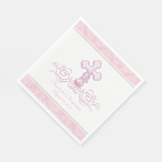 Roze Damask Cross Meisjes Doop Communie Servetten (Hoek)