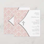 Roze Damask Cross Meisjes Doop Doop Doop Kaart (Voorkant / Achterkant)