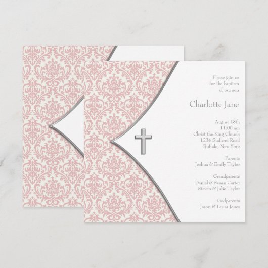 Roze Damask Cross Meisjes Doop Doop Doop Kaart (Voorkant / Achterkant)