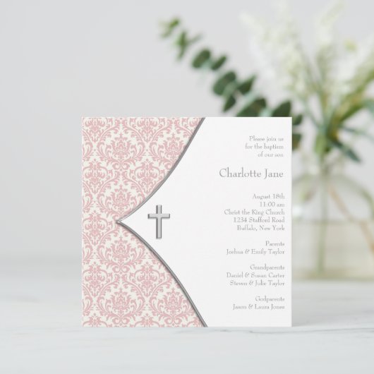 Roze Damask Cross Meisjes Doop Doop Doop Kaart (Staand voorkant)