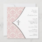 Roze Damask Cross Meisjes Doop Doop Doop Kaart (Voorkant)