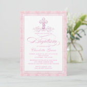 Roze Damask Cross Meisjes Doop Uitnodigingen (Staand voorkant)