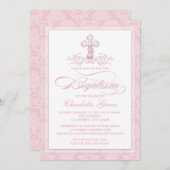 Roze Damask Cross Meisjes Doop Uitnodigingen (Voorkant / Achterkant)