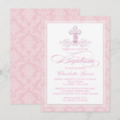 Roze Damask Cross Meisjes Doop Uitnodigingen (Voorkant / Achterkant)