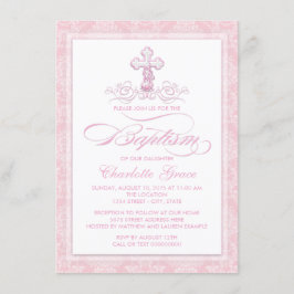Roze Damask Cross Meisjes Doop Uitnodigingen