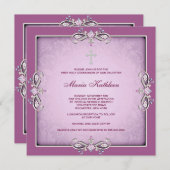 Roze Damask Cross Meisjes Roze Eerste Communie Kaart (Voorkant / Achterkant)