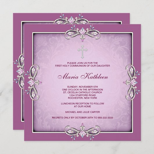 Roze Damask Cross Meisjes Roze Eerste Communie Kaart (Voorkant / Achterkant)