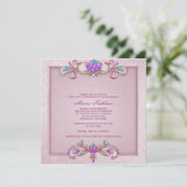 Roze Damask Cross Meisjes Roze Eerste Communie Kaart (Staand voorkant)