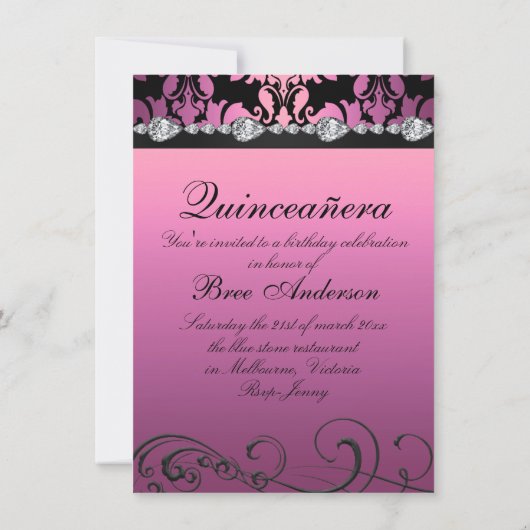 Roze Damask & Diamond Afbeelding Quinceañera Uitno Kaart (Achterkant)