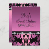 Roze Damask & Diamond Afbeelding Sweet 16 Uitnodig Kaart (Voorkant / Achterkant)