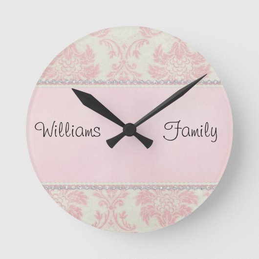 Roze Damask Diamonds Ronde Klok (Voorkant)