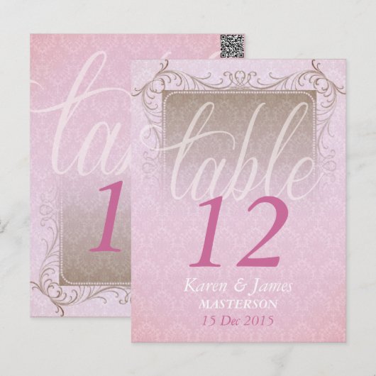  roze Damask Dream Wedding Table Number Briefkaart (Voorkant / Achterkant)