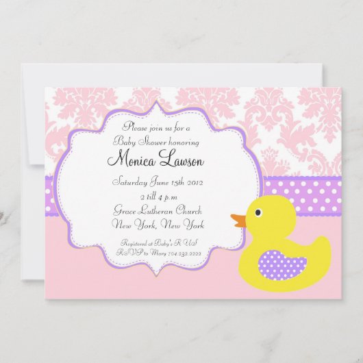 Roze Damask Ducky Modern Baby shower Invitation Kaart (Voorkant)