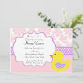 Roze Damask Ducky Modern Baby shower Invitation Kaart (Staand voorkant)