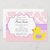 Roze Damask Ducky Modern Baby shower Invitation Kaart (Voorkant / Achterkant)