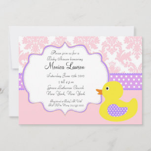 Roze Damask Ducky Modern Baby shower Invitation Kaart