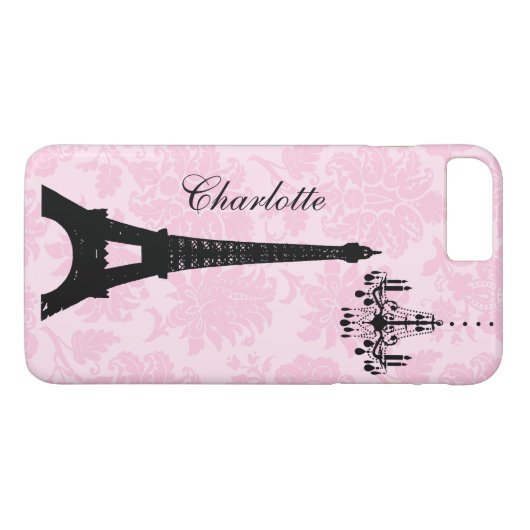 Roze Damask Eiffel Tower iPhone Case (Achterkant (Horizontaal))