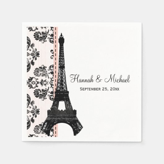 Roze Damask Eiffeltoren bruiloft Servetten (Voorkant)