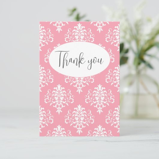 Roze Damask Flat Hartelijk dank Bedankkaart (Staand voorkant)