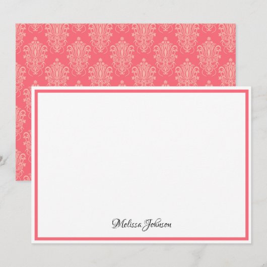 Roze Damask Floral Elegant Girly Monogram Notitiekaartje (Voorkant / Achterkant)