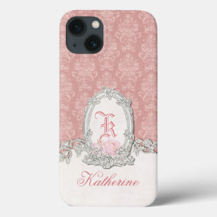   Roze Damask Floral Monogram iPhone 13 Hoesje